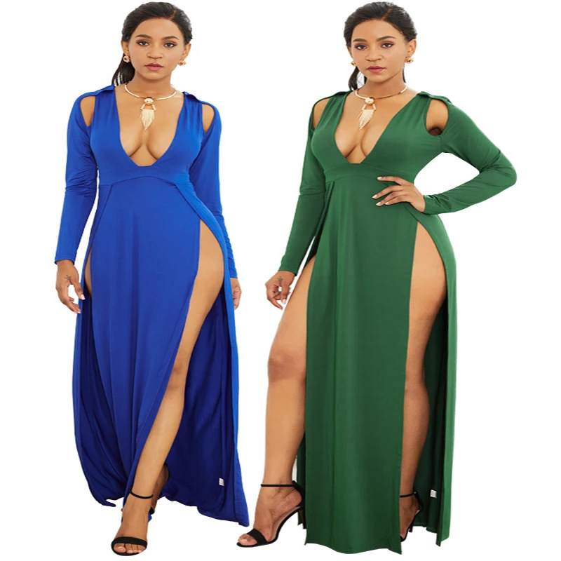 

WOHUADI Sexy Deep V-Neck Slit Dress Long Sleeves Vintage Women Clothes Female Dinner Evening Party Dresses Outfits Size M-3XL