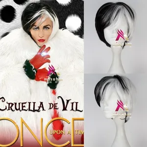 Парик для косплея Deville Cruella De Vil, парик для косплея сто одного далматинца, дьявола, половина белого, половина, черного, многослойного цвета, парик для косплея + шапочка