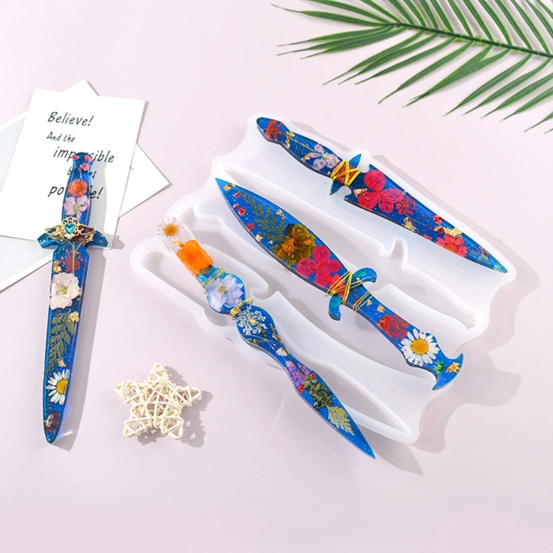

69HB Epoxy Resin Sword Mold with Golden Craft Wire Unique Cast Silicone Mold for Diy Craft Making Keychain for Home Decor