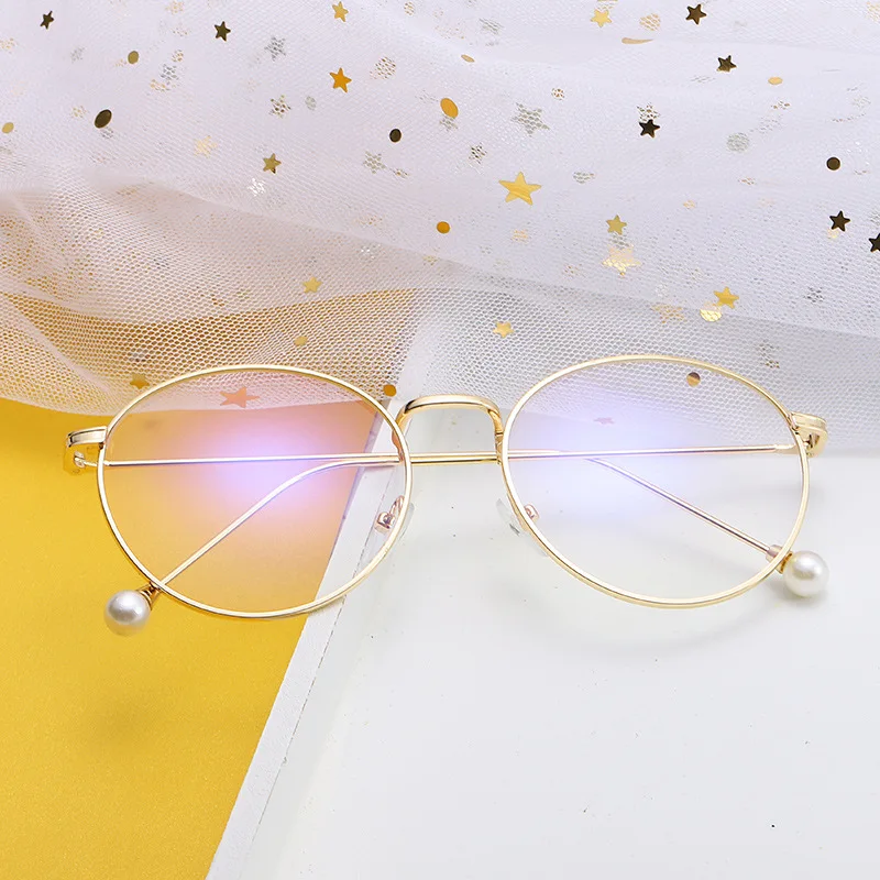 

New Women's Sweet Pearl Sunglasses Men's Literary Metal Glasses Ladies Anti-blue Light Goggles Fashion Simple Glasses