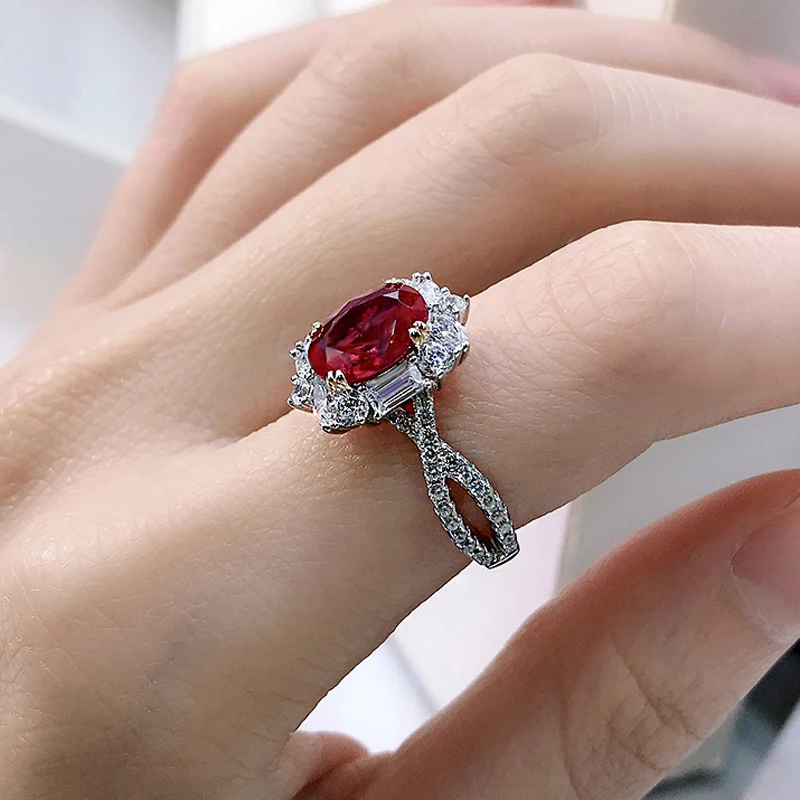 

COSYA 100% 925 Sterling Silver Oval Red 7*9mm High Carbon Diamond Luxury Wedding Anniversary Dinner For Women Rings Fine Jewelry