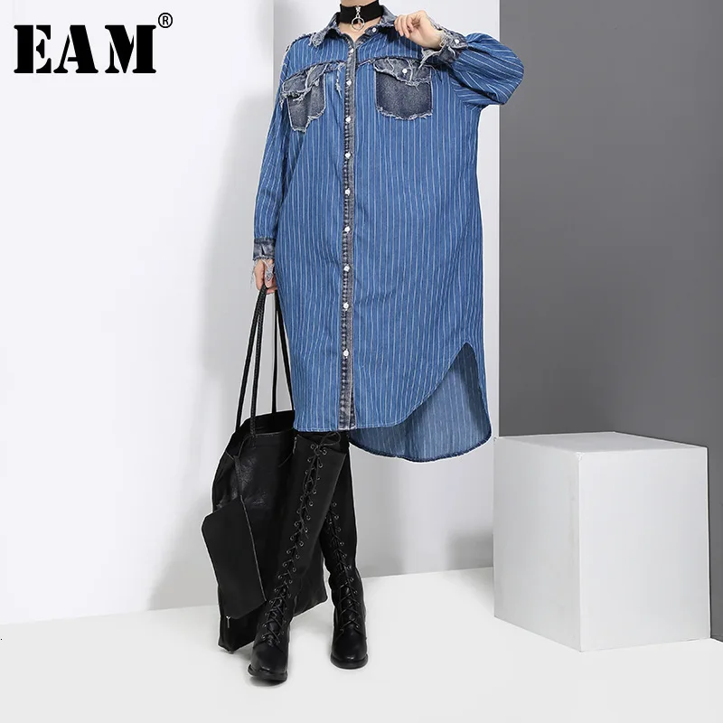 [EAM] женское джинсовое платье в синюю полоску большого размера новое свободное с