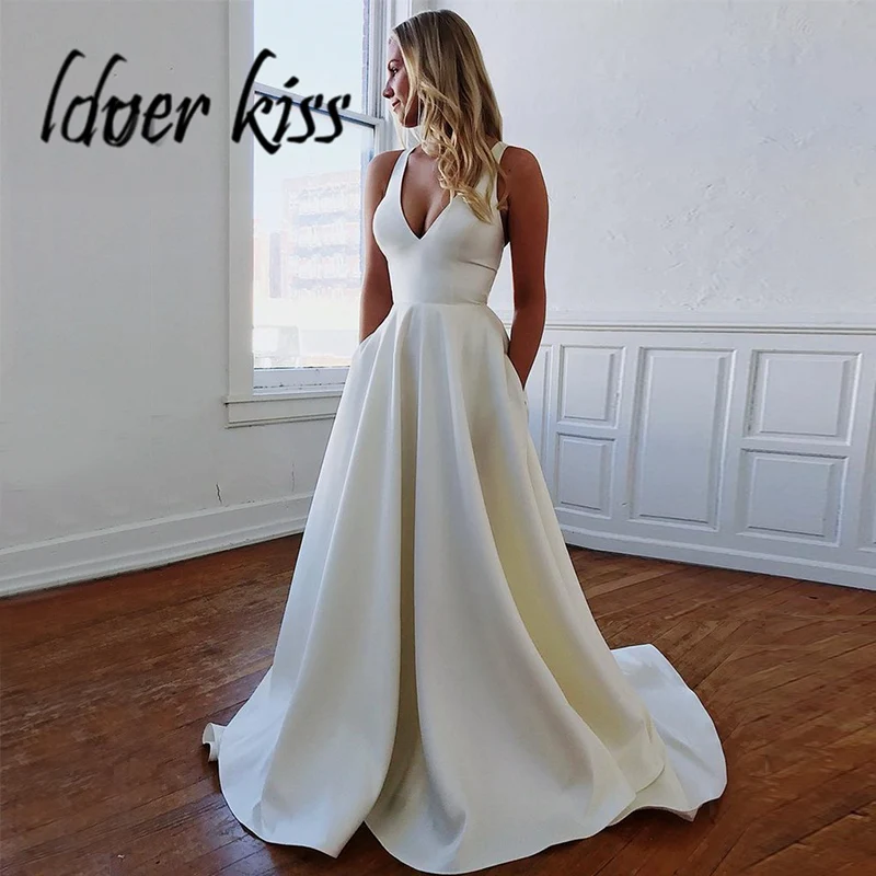 Lover Kiss Vestido Noiva, сексуальное свадебное платье трапециевидной формы, атласные свадебные платья с бантом на спине, v-образный вырез, свадебные платья, садовое платье