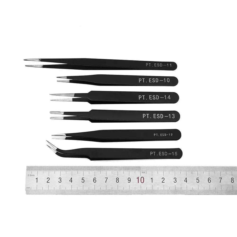 

6pcs Anti-static Stainless Steel Tweezers with Bag Maintenance Tools Industrial Precision Curved Straight Tweezers Manicure Tool