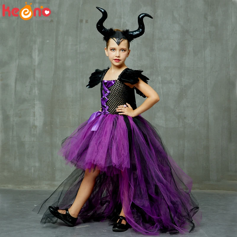 Платье-пачка для девочек на Хеллоуин «Maleficent Evil Dark queen» с рогами «Wicked Witch»; Детские вечерние костюмы для костюмированной вечеринки; нарядная одежда