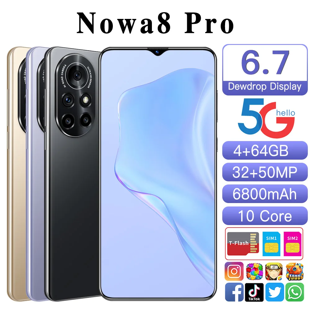 

Global Version 2021 Nowa8 Pro 128GB/256GB 32MP+50MP 6800mah Andriod 11 Smart Phone 6.7 Inch 1440*3200 Global 5G LTE Mobile Phone