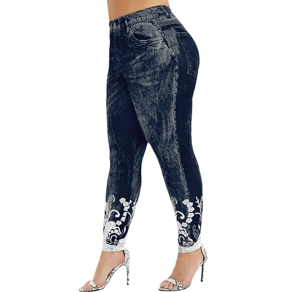 

Plus Size Women Lace Leggings Fashion Imitation Distressed Denim Jeans Leggins Casual High Waist Slim Elastic Pants Jeggings