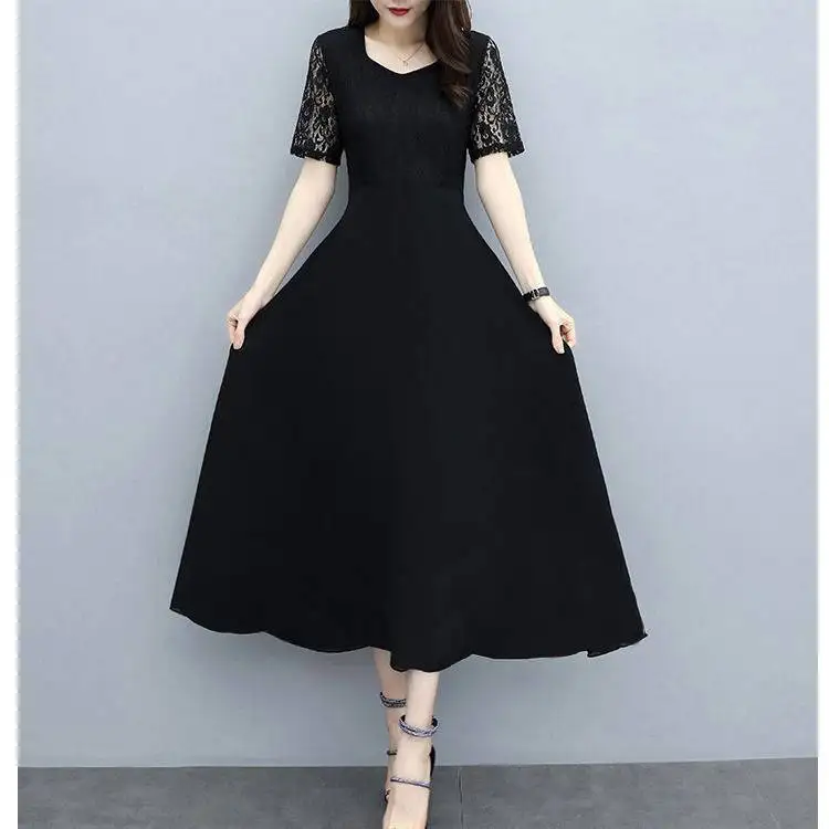

Large Size For Summer Women's Dress Thin Section V-Neck Short Sleeve A-Line Women's Dress Black Fashion Ladies Skirt SS3286