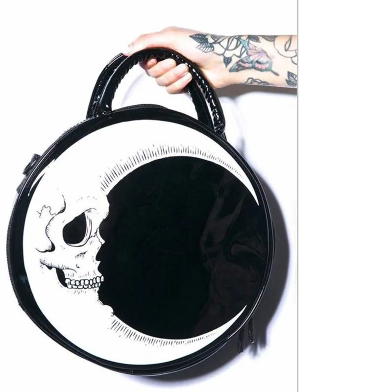 

Women Lady Girl Punk Dark Skull Head Thunder Flash Printed Gothic Cross Body MOON Messenger Bag Round Handbag Harajuku