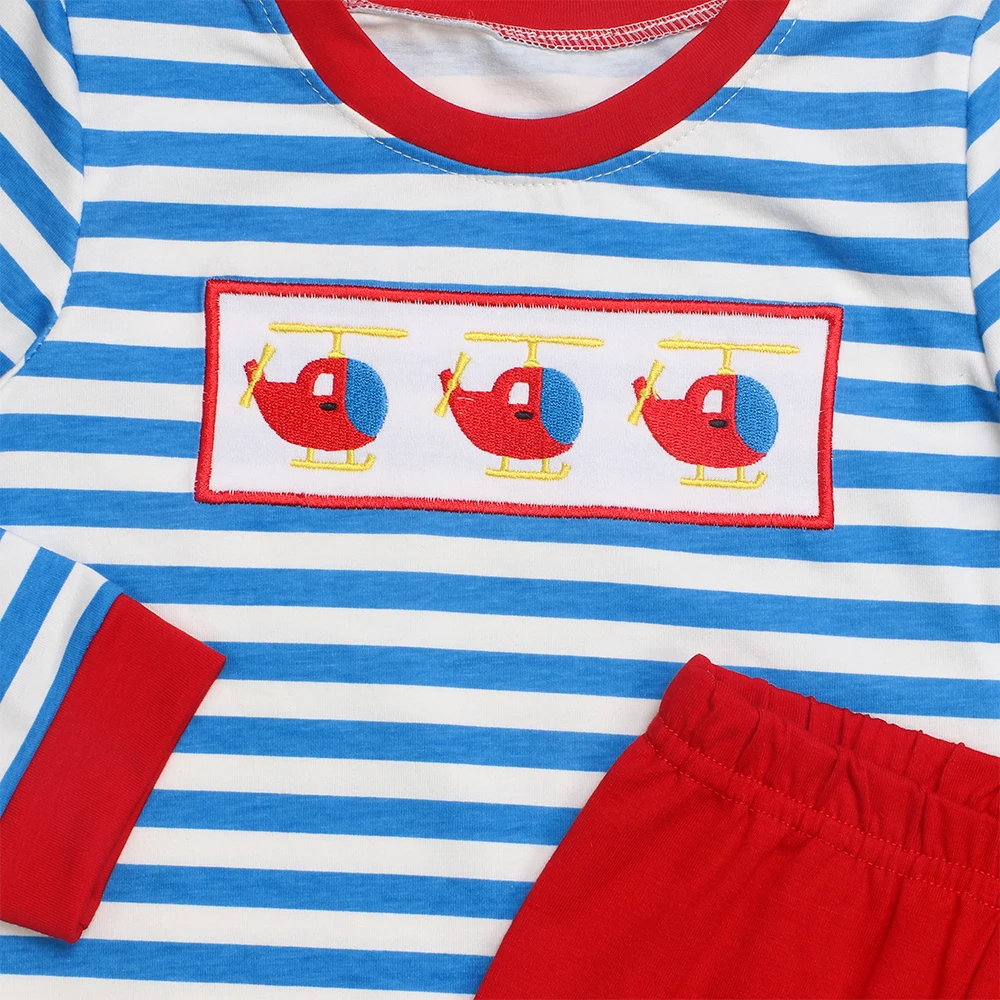 New Style Small Airplane Embroidery Long Sleeve Boy T Shirt Red Pants Cute Kids Boutique Clothing For Spring Autumn