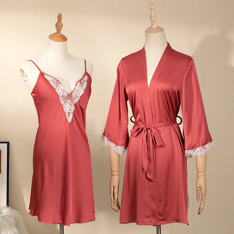 

Women Lace Patchwork Intimate Lingerie Nighty&Robe Suit 2021 New Silky Satin 2PCS Robe Set For Soft Kimono Bathrobe Gown