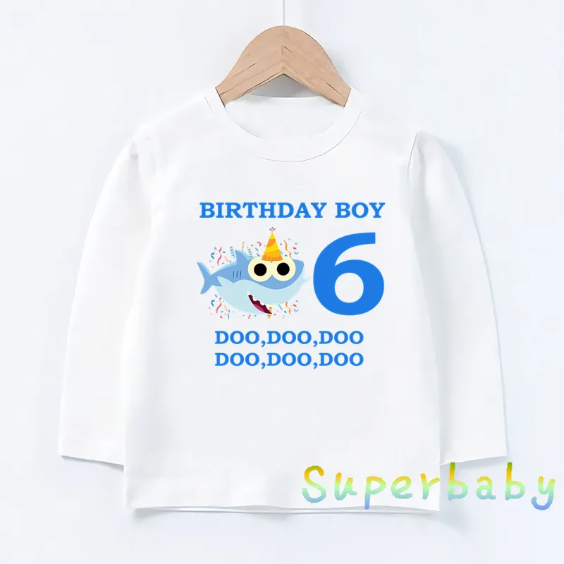 Свечи "Happy Birthday" для торта, Акула, 1-9 лет, футболка с принтом цифр, Забавные топы с рисунком для маленьких мальчиков и девочек, Детская футболка с длинными рукавами, LKP2441 - Цвет: LKP2441-F