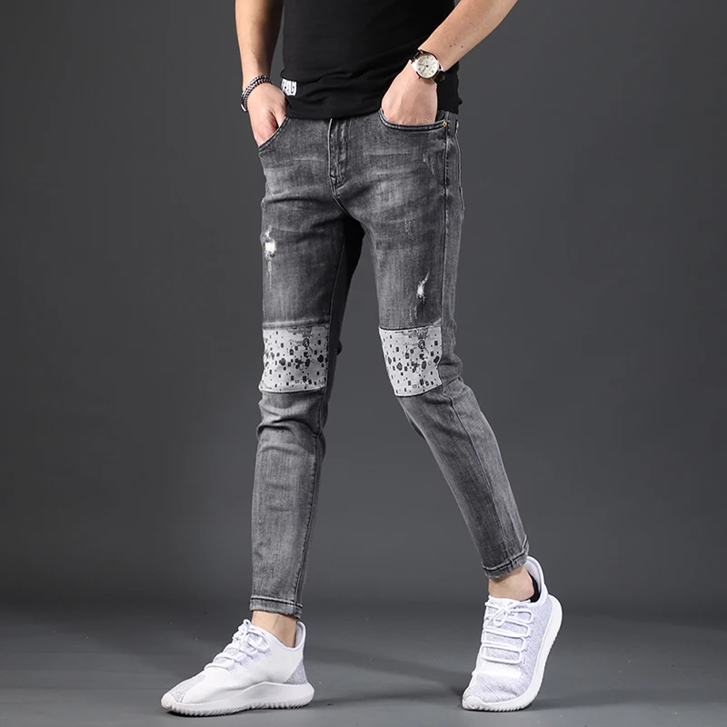 Summer Men's Dark Gray Ripped Jeans Fashion Casual Dots Printed Slim Fit Ankle-Length Pants