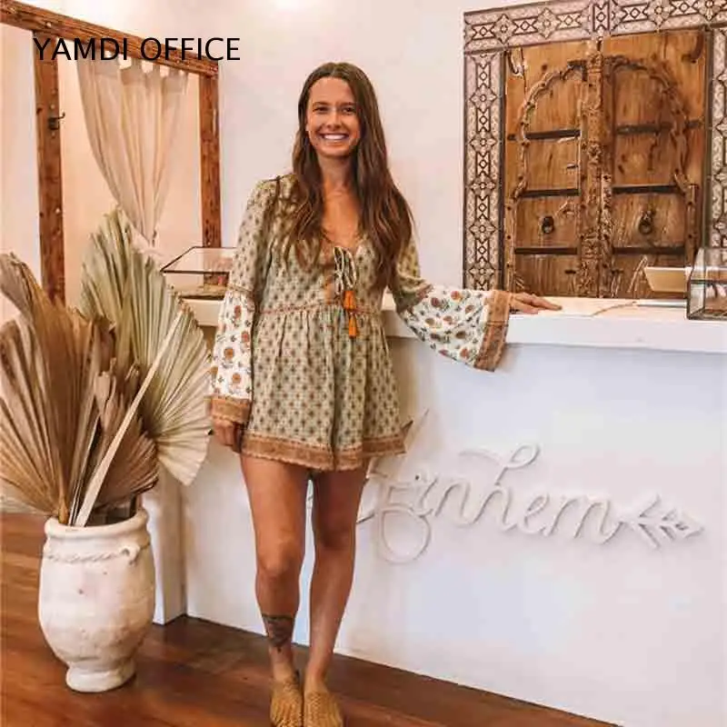YAMDI осенний палантин комбинезон для женщин с цветочным принтом в винтажном стиле
