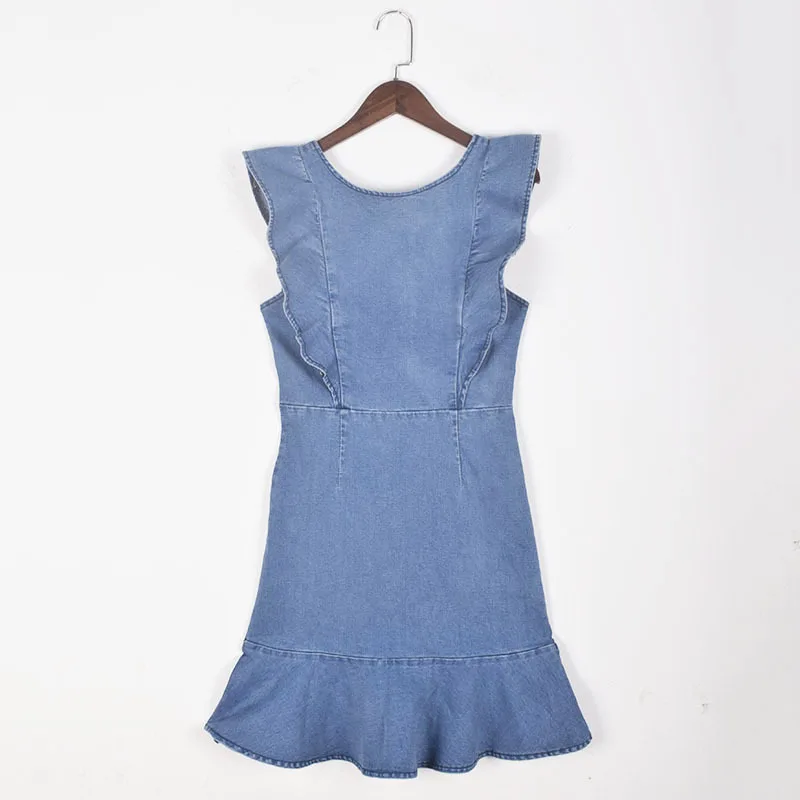 

2021 Summer Denim Dress Women High Waist Casual Y2K Jeans Bodycon Dress Lady Mini Party Ruffles Zipper Up Slim Dresses Vestidos
