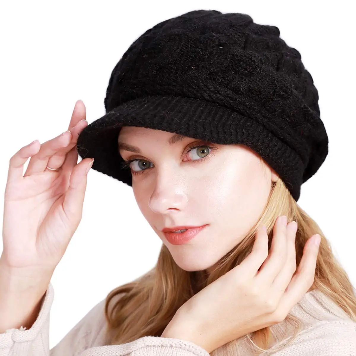 

High Quality Wool Women's Winter Warm Slouchy Cable Knit Beanie Skull Beret Hat With Visor Outdoor Thicken Lady Bonnet