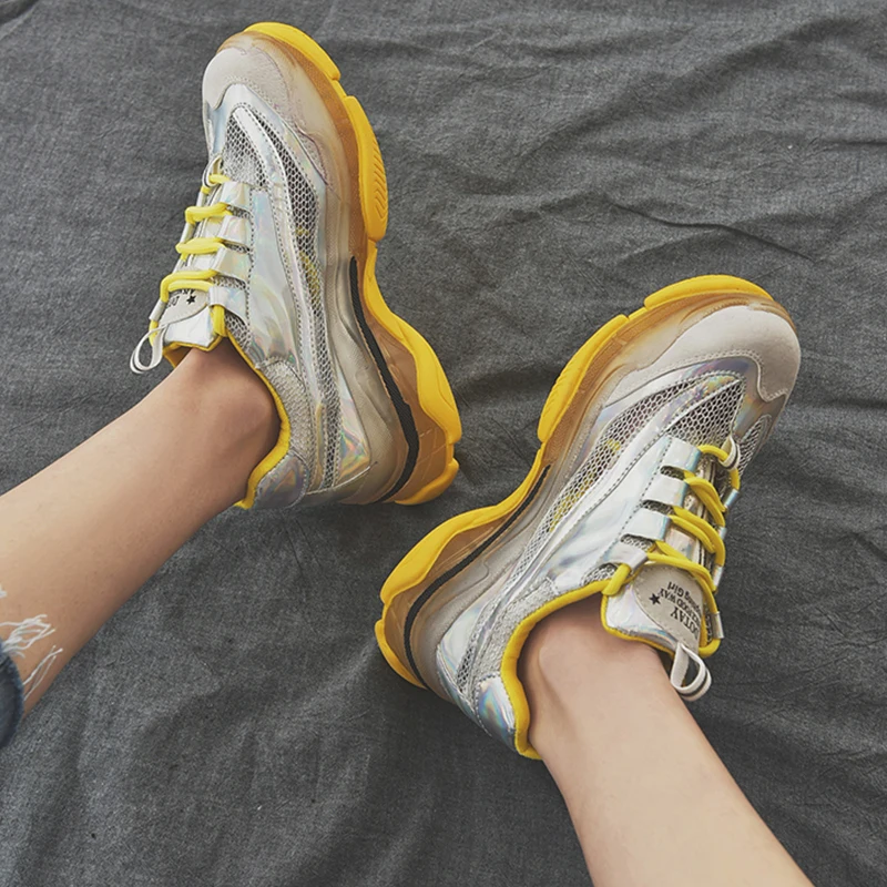 Массивные кроссовки Дизайнерские женские с блестками Дышащая женская обувь из