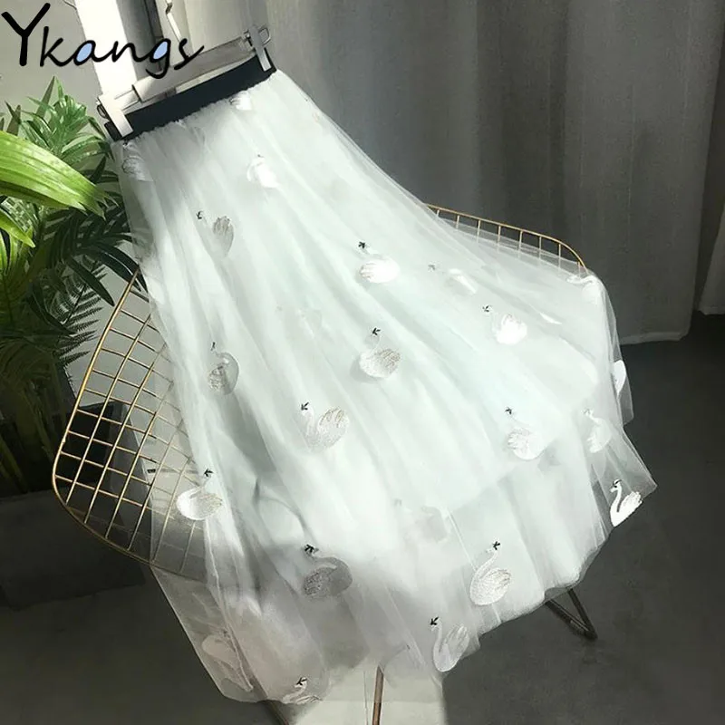 

Elegant Feathers Swan embroidery Midi Skirt Women 2020 Summer Boho Tulle Skirt High Waist Ladies A-Line Casual Mesh Long Skirts