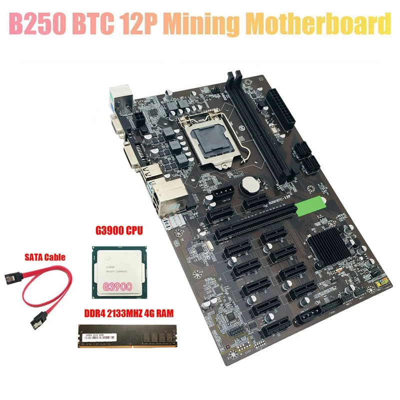 Материнская плата для майнинга B250 BTC с процессором G3900 + DDR4 4G 2133 МГц ОЗУ кабель LGA 1151