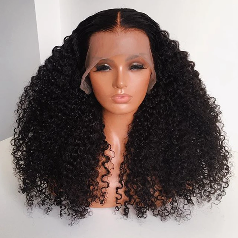 

Курчавые Кудрявые черные синтетические волосы Bomb, парики на шнуровке спереди с челкой для черных женщин, термостойкие парики для ежедневно...