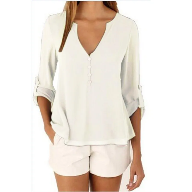 

Elegant T-shirt For Women 2021 Summer New Fashion Solid Color Long Sleeve V-neck Loose Plus Size Chiffon Shirt Female LR1129
