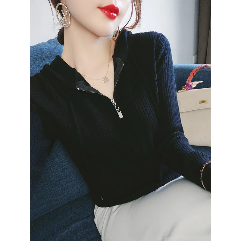 Осенний свободный изящный свитер с капюшоном и длинным рукавом для женщин |