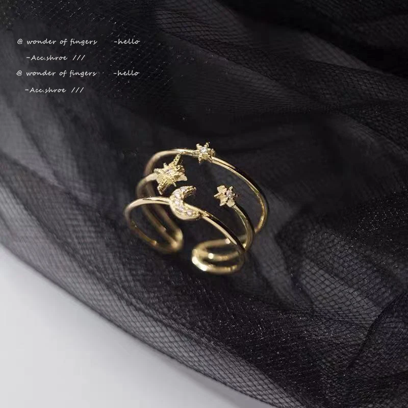 

2021 New Classic Star Moon Element Gold Three-Layer Rings Korean Fashion Jewelry Wedding Girl's Romantic Accessories For Woman