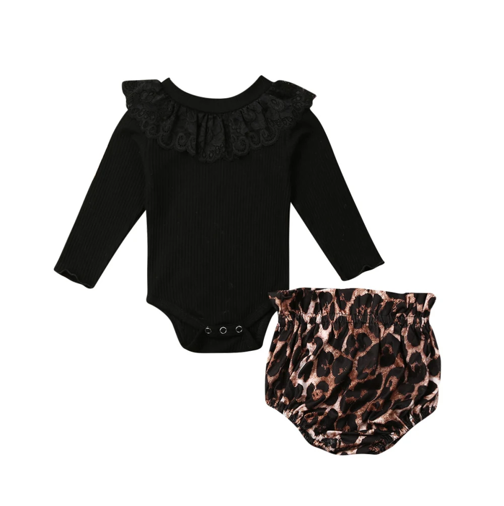 Autumn Newborn Baby Girl Clothes Lace Knitted Romper Leopard Shorts Pants Outfit | Мать и ребенок
