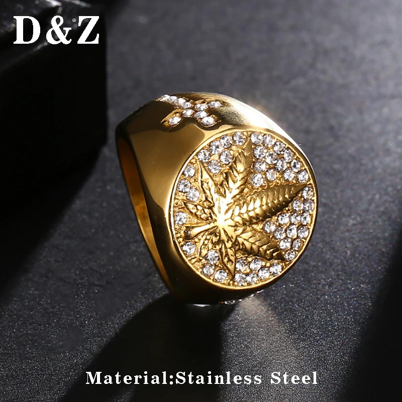 D&Z Iced Out Bling микро проложили Кристалл травка кленовый лист кольцо из нержавеющей стали кольца для мужчин хип хоп рэппер ювелирные изделия