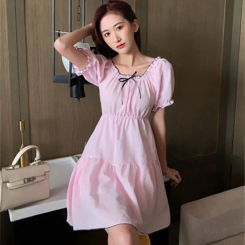 

QWEEK Summer Chiffon Dresses Woman 2021 French Puff Sleeve Kawaii Cute Female Dress Girls Soft Ruched Robe Femme Chic Sundress