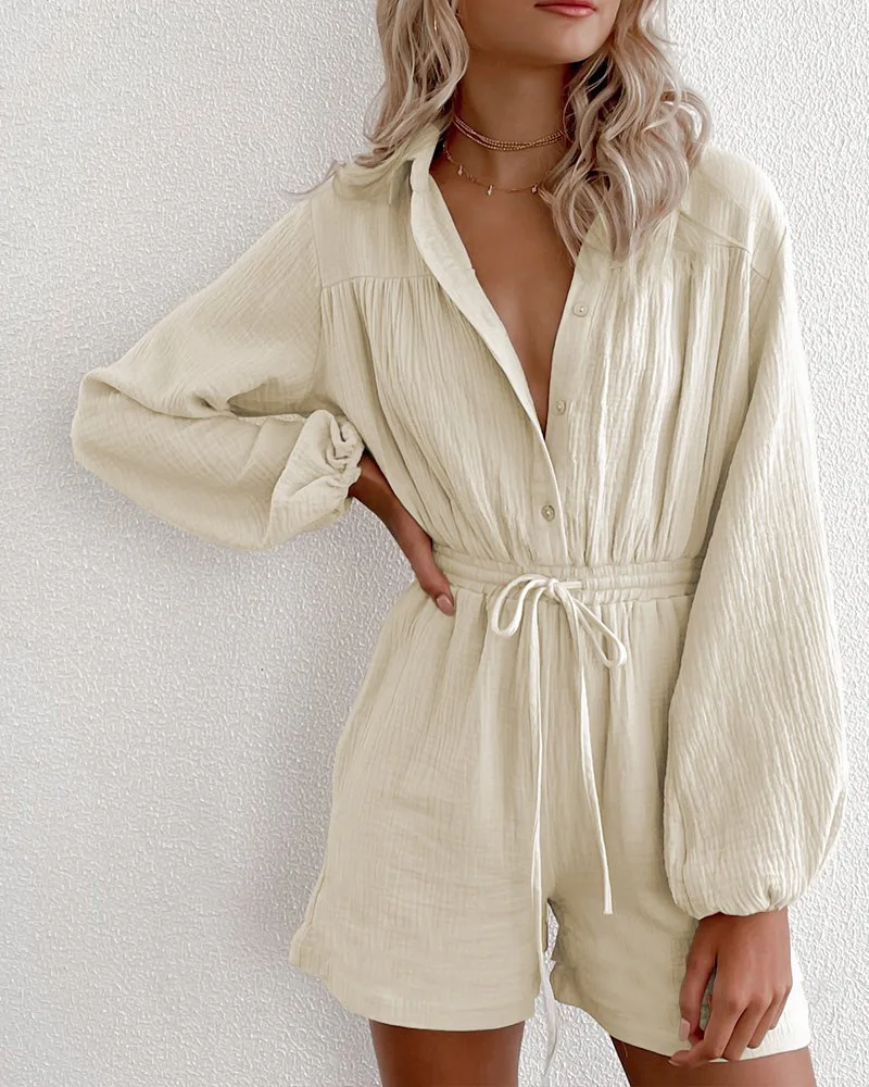2021 Spring and Autumn New Long-sleeved Drawstring Pockets Waist Single-breasted Cardigan Loose Jumpsuit Women Fashion Clothes