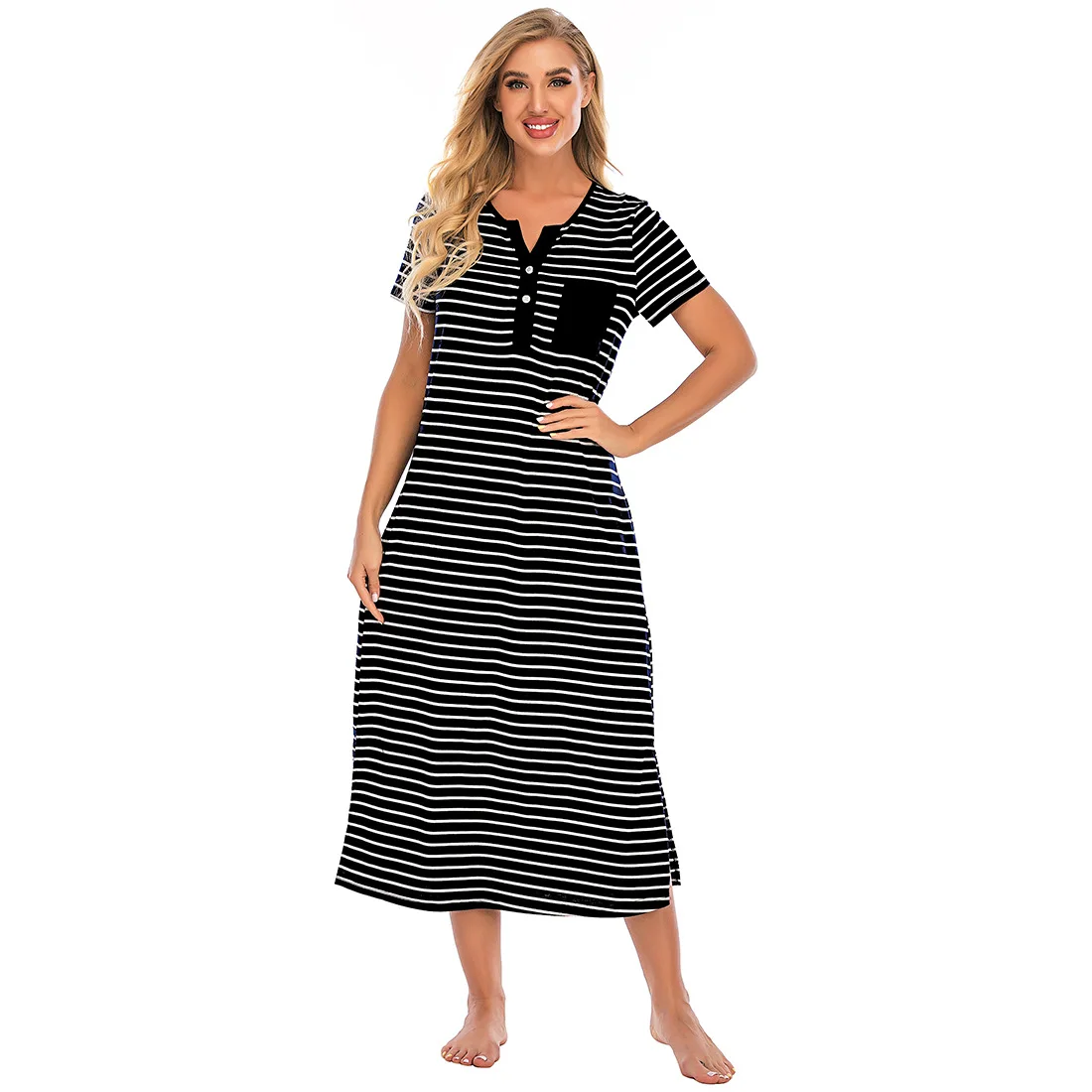 Spring and Summer Women's Nightdress Short-sleeved Striped Comfortable Loose Home Service Sleep Tops Sleepwear Women Nightwear