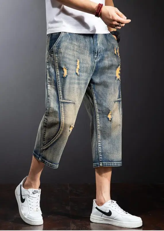 Mens Baggy Denim Shorts Fashion Streetwear Hip Hop Skateboard Cargo Hole Jeans Male Calf-Length Pants