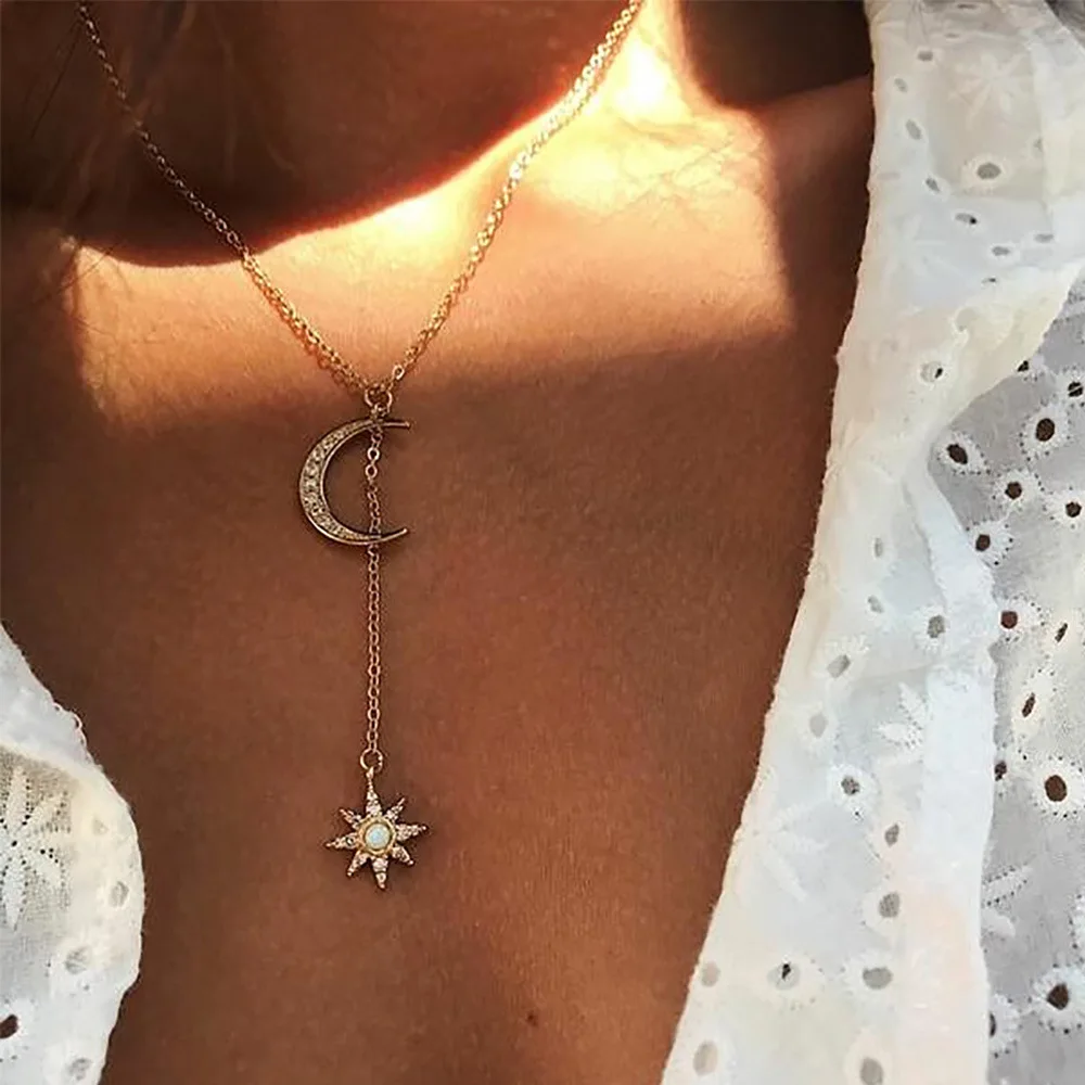 

Gold Color Zircon Star Tassel Moon Pendant Choker Necklace for Women Long Chain Necklaces Chokers Fashion New Party Jewelry