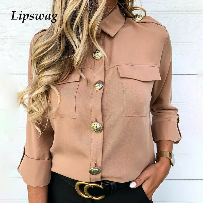 Женская Повседневная блуза на пуговицах с карманами Офисная Однотонная рубашка