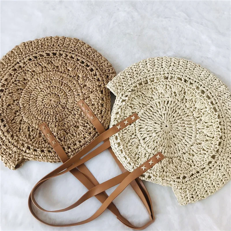 Круглая пляжная сумка из рафии винтажная плетеная сумочка ручной работы на ремне