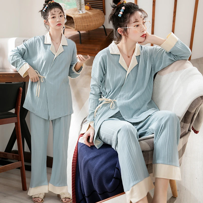 

1660# Spring 100% Cotton Maternity Nursing Sleepwear Sets Feeding Tops + Belly Pants Pajamas Suits for Pregnant Women Pregnancy
