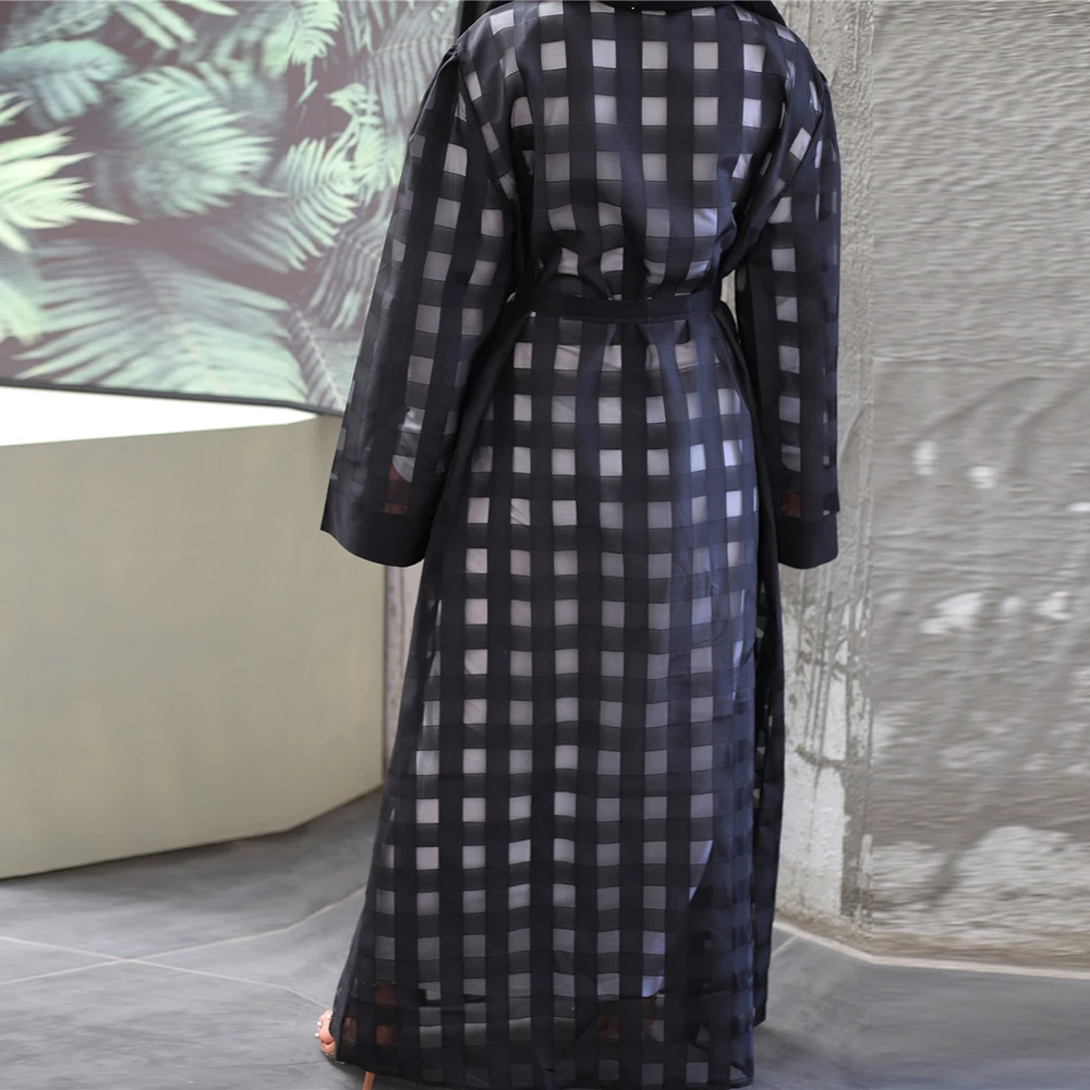 Черный клетчатый Абая Дубай кимоно кардиган хиджаб мусульманское платье