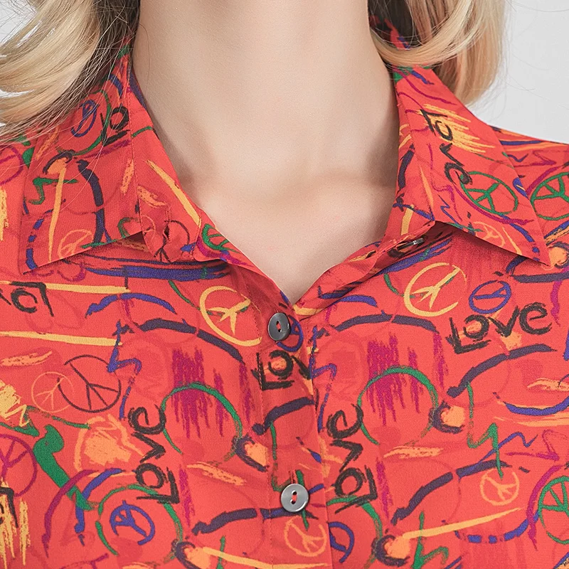 Online VOA Bluse 100% Seide Orange-Red Graffiti Druck Revers Vordere Kurze Lange Zurück Neue Stil Top Mode Junge Hemd BG16