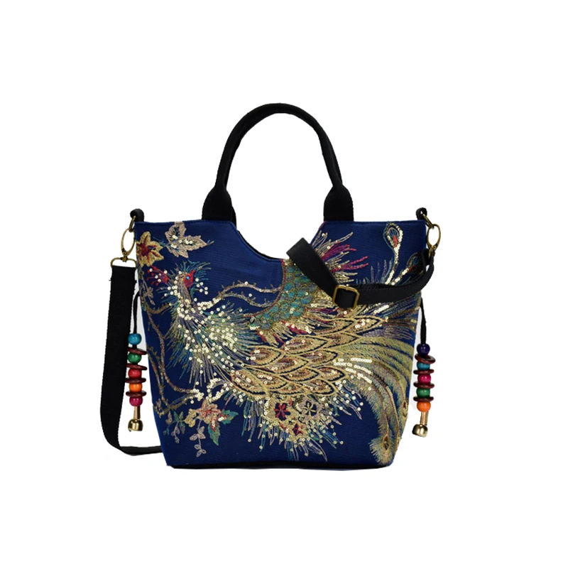 

2020 new bag ethnic style embroidered bag canvas peacock embroidery small handbag middle-aged one-shoulder portable diagonal bag