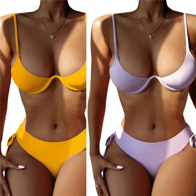 

2021 Fashion Ladies Summer Split Swimwear Set Women Simple Style Solid Color High Waist Lace Up Bikini Sexy Backless Swimsuit