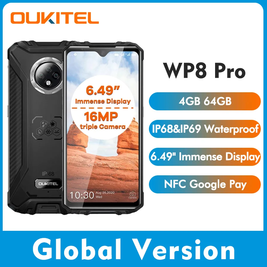 

OUKITEL WP8 Pro NFC 4GB 64GB 6.49'' HD+ Display MT6762D Octa Core Android 10.0 Mobile Phone IP68 Waterproof Rugged Smartphone