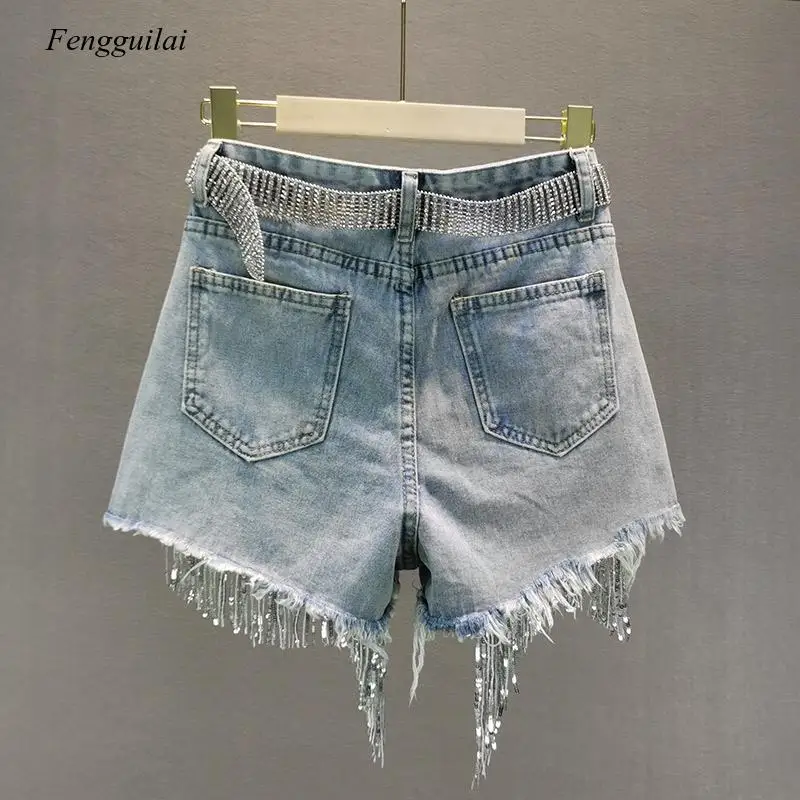 Female Denim Shorts Summer Wear New High Waist Slimming Heavy Beaded Sequin Fringed Ripped Wide Leg Pants Jeans Hot Pants images - 6