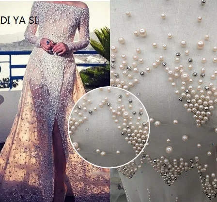 

5Yard Ivory beaded lace fabric beads and sequins free shipping! 2019 NEW design Luxury wedding dress sewing lace nice! LR024