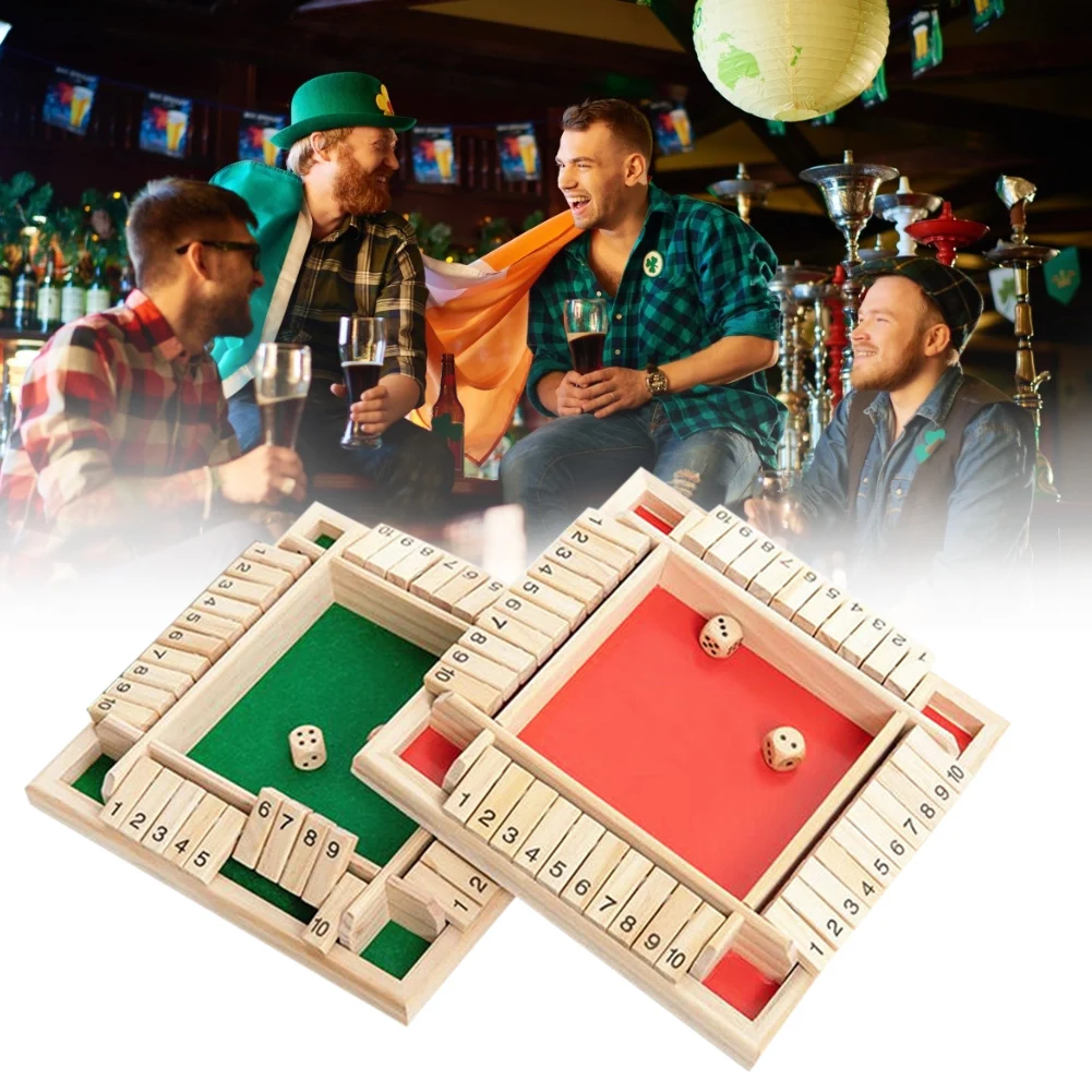 

Shut The Box Dice Board Game 4 Sided 10 Number Wooden Flaps & Dices Game Set for 4 People Pub Bar Party Supplies In Stock