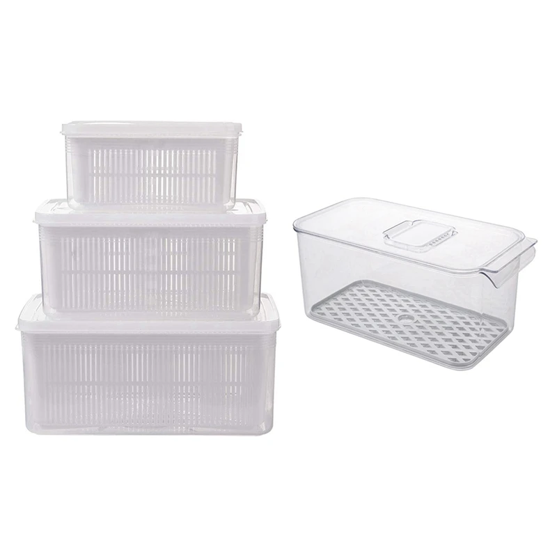 

3 Pcs Refrigerator Organizer Bins & 2 Pcs Storage Box Clear Fruit Vegetable Drain Containers