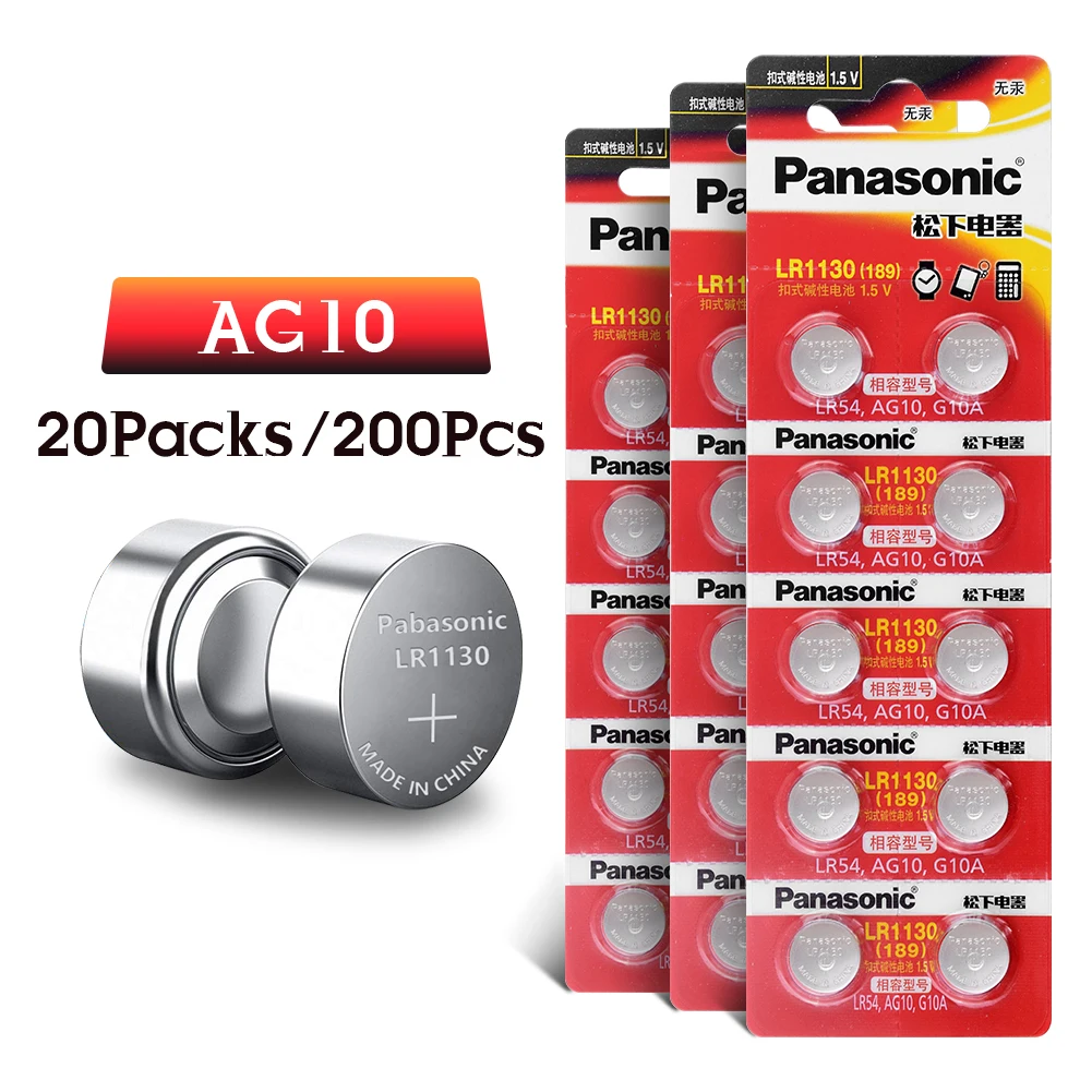 

100% оригинальная батарея Panasonic 200 шт./лот 1,5 в AG10 LR1130 щелочная батарея AG10 389 LR54 SR54 SR1130W 189 LR1130