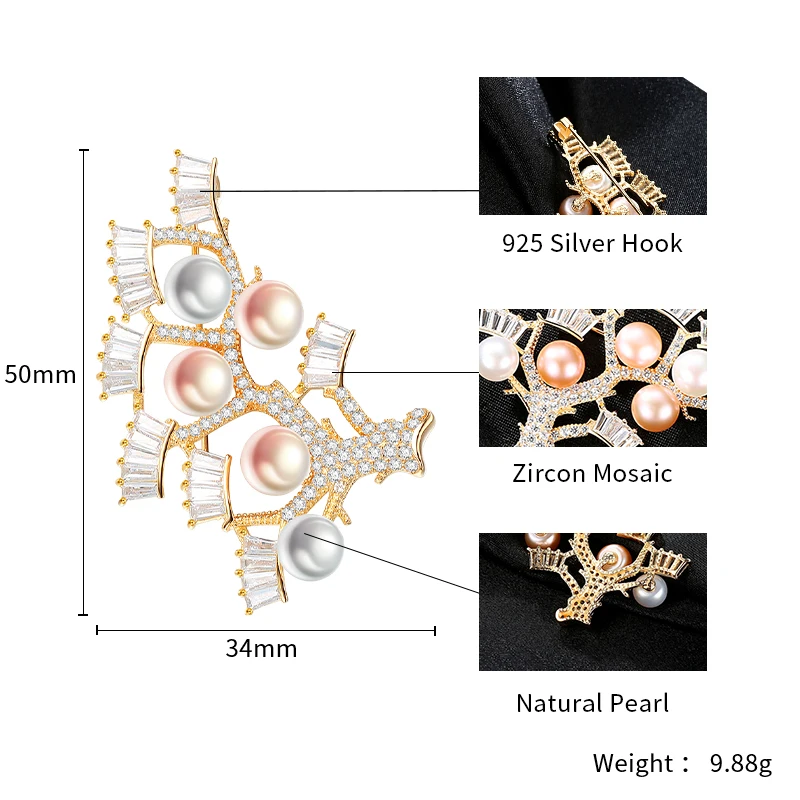 Женская серебряная брошь AGLOVER в форме дерева с жемчугом из серебра 925 пробы