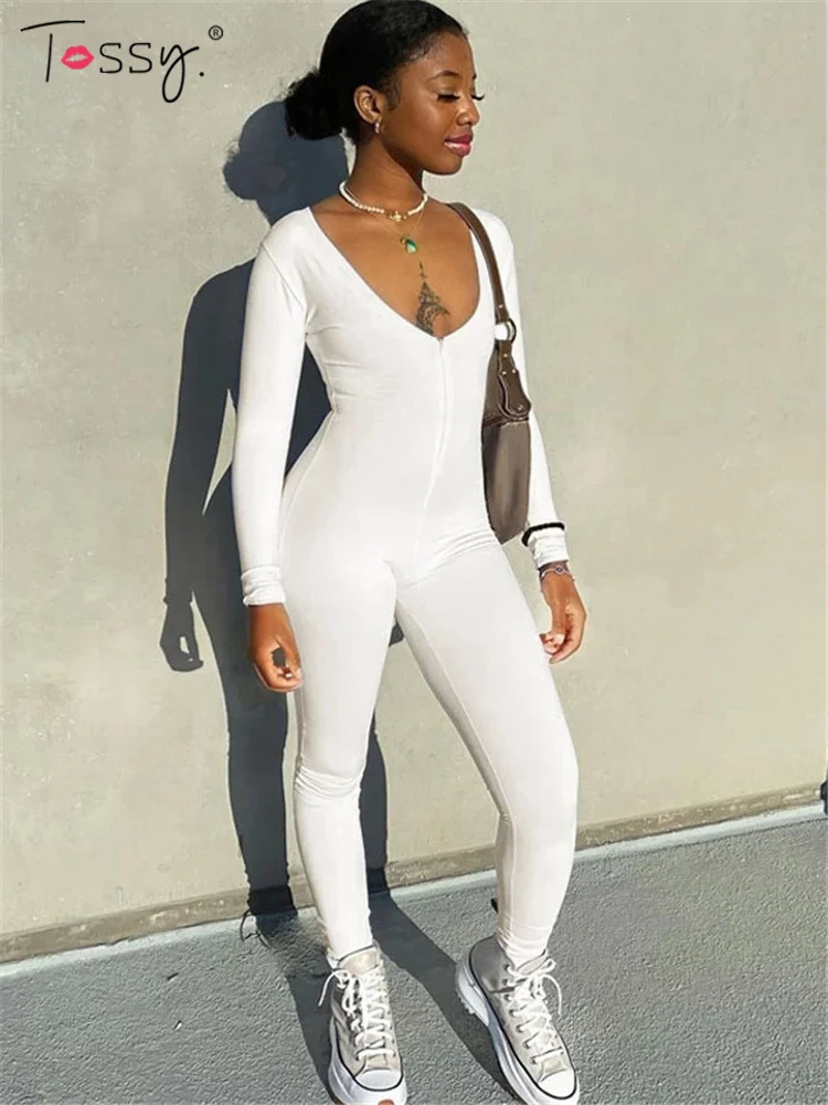 

Tossy Casual White Jumpsuit Women Skinny One Piece Black Jumpsuit Basic Bodycon Female Sexy Long Sleeve V-Neck Zipper Overalls