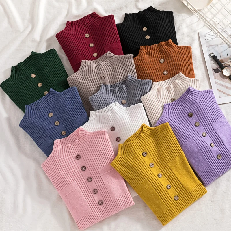 

Womens Sweaters 2020 New Fashion Button Turtleneck Sweater Women Soft Knitted Ladies Sweater Winter Tops Pullover Jumpers Ladies